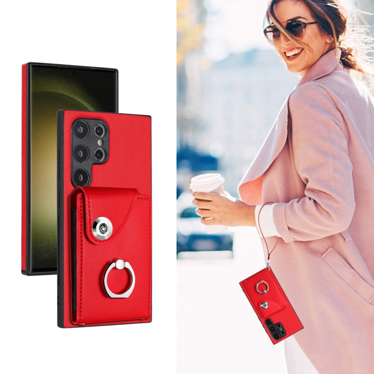 For Samsung Galaxy S24 Ultra 5G Organ Card Bag Ring Holder PU Phone Case with Lanyard(Red) - Galaxy S24 Ultra 5G Cases by PMC TechLife | Online Shopping South Africa | PMC TechLife