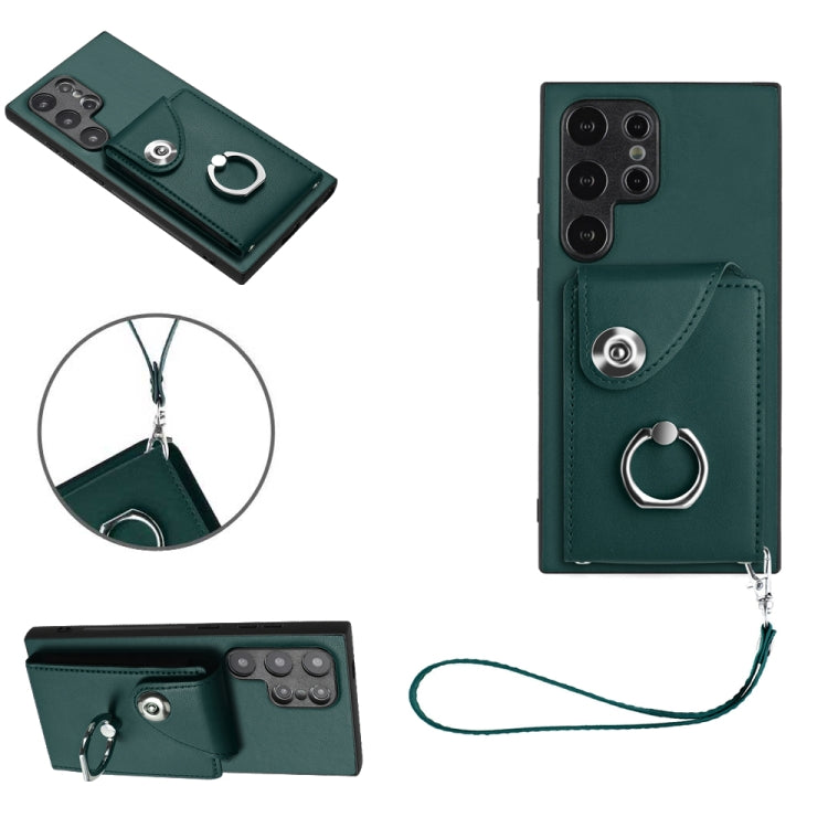 For Samsung Galaxy S24 Ultra 5G Organ Card Bag Ring Holder PU Phone Case with Lanyard(Green) - Galaxy S24 Ultra 5G Cases by PMC TechLife | Online Shopping South Africa | PMC TechLife