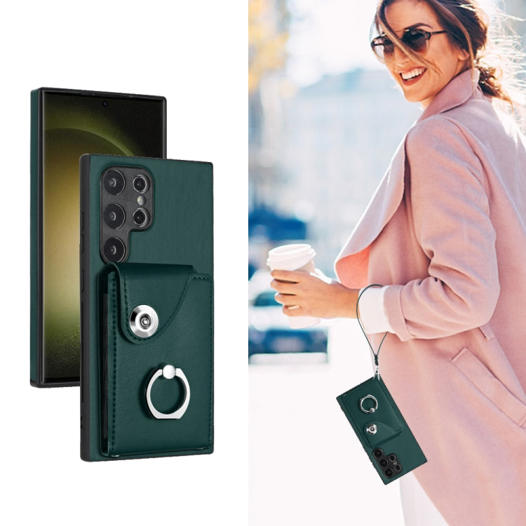 For Samsung Galaxy S24 Ultra 5G Organ Card Bag Ring Holder PU Phone Case with Lanyard(Green) - Galaxy S24 Ultra 5G Cases by PMC TechLife | Online Shopping South Africa | PMC TechLife