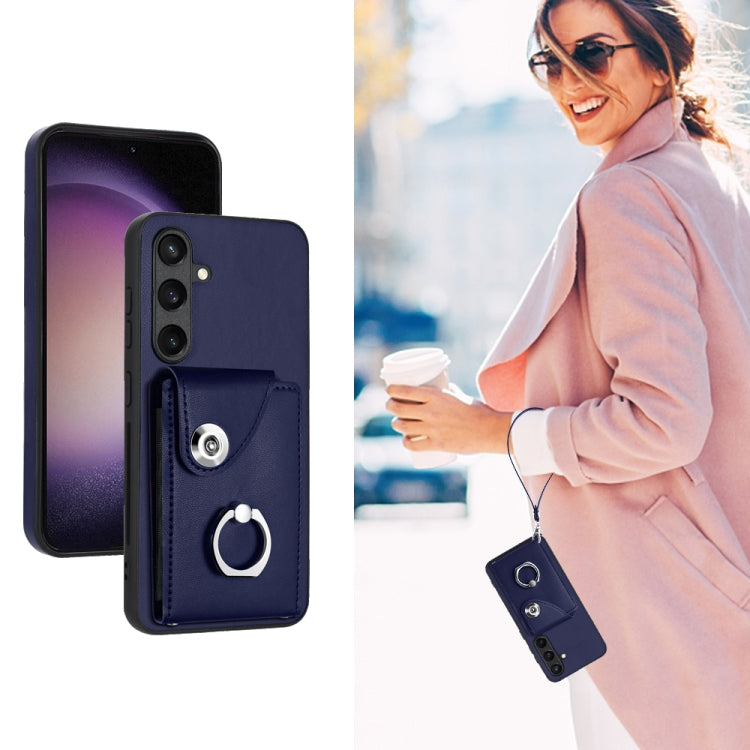 For Samsung Galaxy S24+ 5G Organ Card Bag Ring Holder PU Phone Case with Lanyard(Blue) - Galaxy S24+ 5G Cases by PMC TechLife | Online Shopping South Africa | PMC TechLife