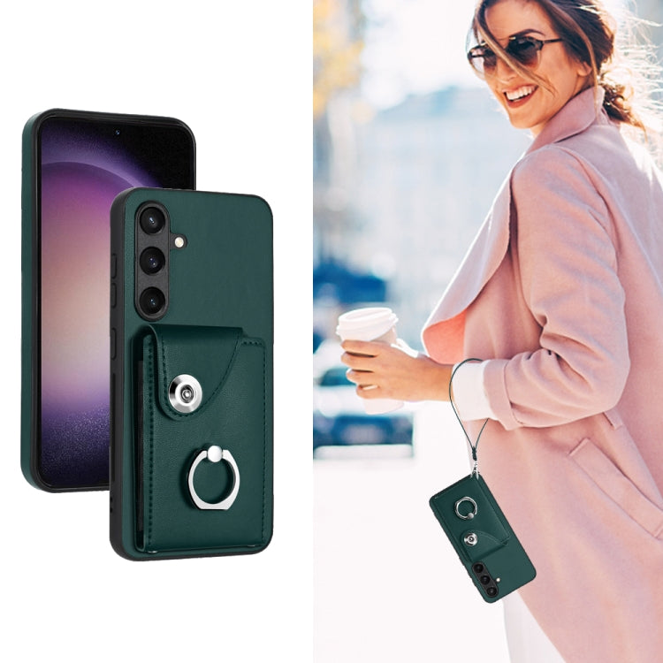 For Samsung Galaxy S24 5G Organ Card Bag Ring Holder PU Phone Case with Lanyard(Green) - Galaxy S24 5G Cases by PMC TechLife | Online Shopping South Africa | PMC TechLife