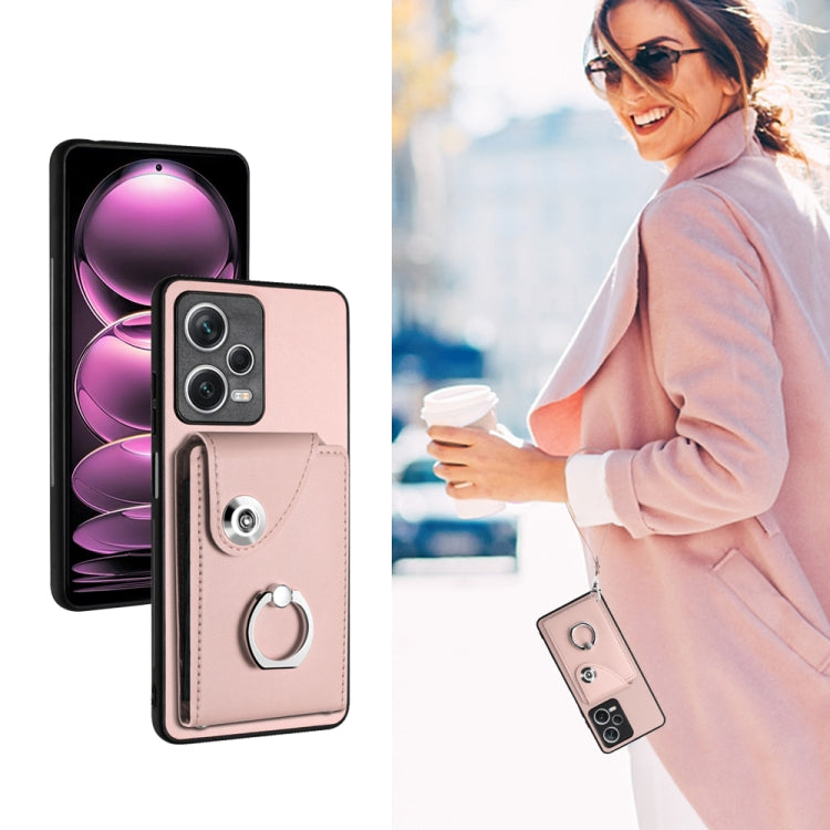 For Xiaomi Poco X5/Redmi Note 12 5G Global Organ Card Bag Ring Holder PU Phone Case with Lanyard(Pink) - Xiaomi Cases by PMC TechLife | Online Shopping South Africa | PMC TechLife | Buy Now Pay Later Mobicred