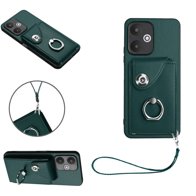 For Xiaomi Redmi 13C 5G / Redmi 13R Organ Card Bag Ring Holder PU Phone Case with Lanyard(Green) - 13C Cases by PMC TechLife | Online Shopping South Africa | PMC TechLife | Buy Now Pay Later Mobicred