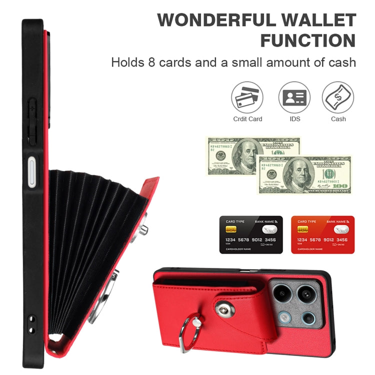 For Xiaomi Redmi Note 13 5G Global Organ Card Bag Ring Holder PU Phone Case with Lanyard(Red) - Note 13 Cases by PMC TechLife | Online Shopping South Africa | PMC TechLife | Buy Now Pay Later Mobicred