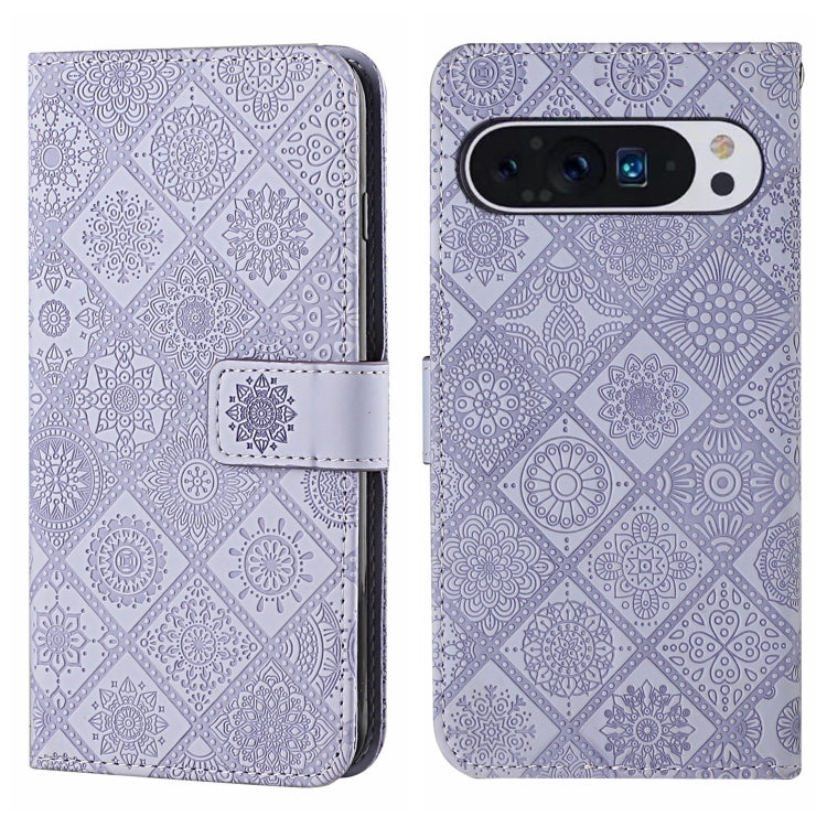 For Google Pixel 9 / 9 Pro Ethnic Style Embossed Pattern Leather Phone Case(Purple) - Google Cases by PMC TechLife | Online Shopping South Africa | PMC TechLife | Buy Now Pay Later Mobicred