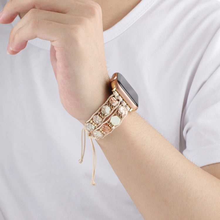 For Apple Watch 42mm Hexagonal Stones Drawstring Chain Watch Band(Beige) - Watch Bands by PMC TechLife | Online Shopping South Africa | PMC TechLife