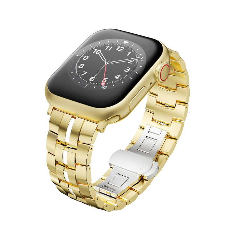 For Apple Watch SE 2023 44mm Butterfly Buckle 5-Beads Metal Watch Band(Gold White) - Watch Bands by PMC TechLife | Online Shopping South Africa | PMC TechLife