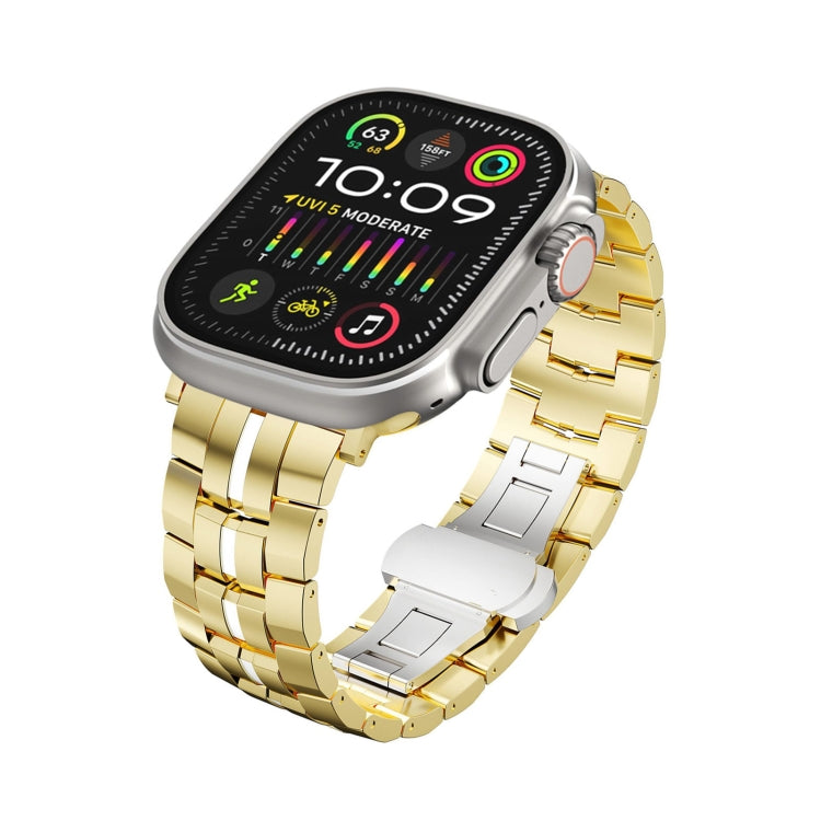 For Apple Watch Ultra 2 49mm Butterfly Buckle 5-Beads Metal Watch Band(Gold White) - Watch Bands by PMC TechLife | Online Shopping South Africa | PMC TechLife