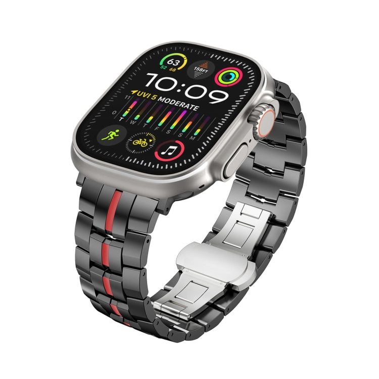 For Apple Watch Ultra 49mm Butterfly Buckle 5-Beads Metal Watch Band(Black Red) - Watch Bands by PMC TechLife | Online Shopping South Africa | PMC TechLife