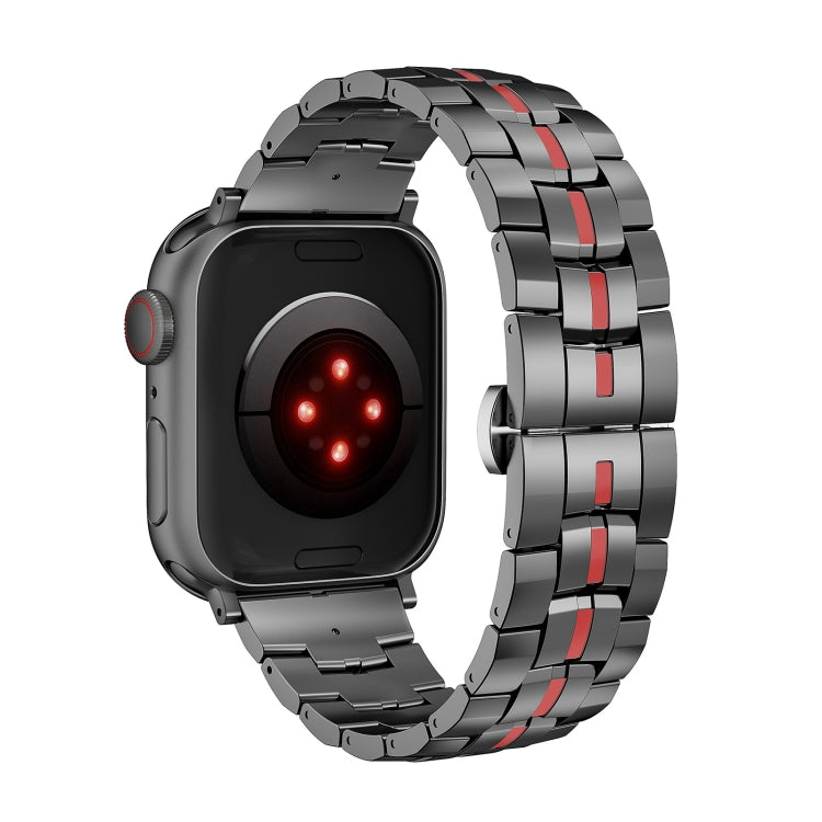 For Apple Watch Series 8 45mm Butterfly Buckle 5-Beads Metal Watch Band(Black Red) - Watch Bands by PMC TechLife | Online Shopping South Africa | PMC TechLife