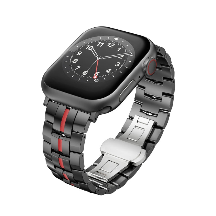 For Apple Watch Series 2 38mm Butterfly Buckle 5-Beads Metal Watch Band(Black Red) - Watch Bands by PMC TechLife | Online Shopping South Africa | PMC TechLife