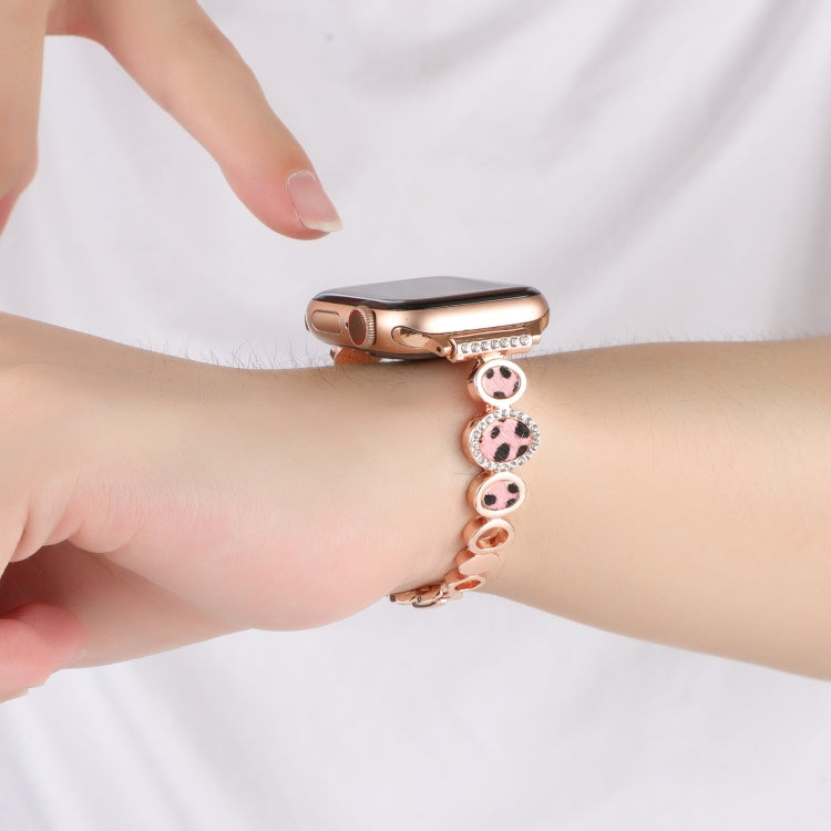 For Apple Watch Series 9 45mm Leopard Rhinestones Metal Chain Watch Band(Rose Gold) - Watch Bands by PMC TechLife | Online Shopping South Africa | PMC TechLife