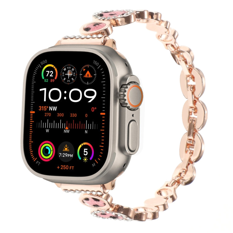 For Apple Watch Ultra 49mm Leopard Rhinestones Metal Chain Watch Band(Rose Gold) - Watch Bands by PMC TechLife | Online Shopping South Africa | PMC TechLife