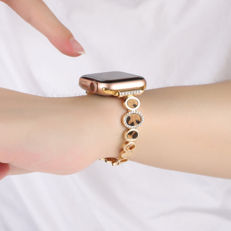 For Apple Watch SE 2022 40mm Leopard Rhinestones Metal Chain Watch Band(Gold) - Watch Bands by PMC TechLife | Online Shopping South Africa | PMC TechLife