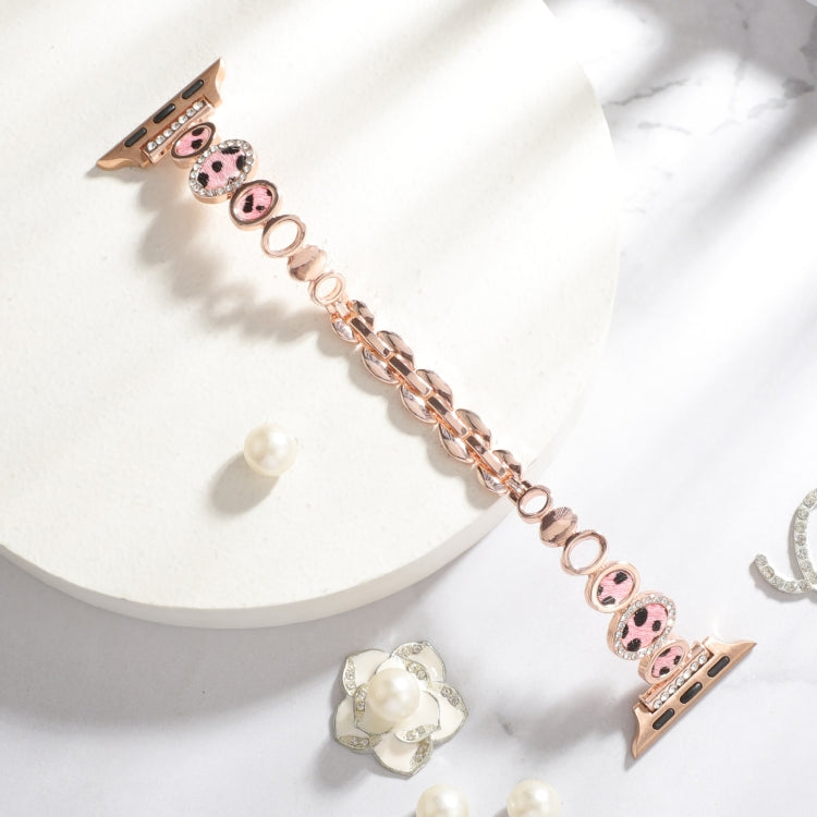 For Apple Watch Series 7 41mm Leopard Rhinestones Metal Chain Watch Band(Rose Gold) - Watch Bands by PMC TechLife | Online Shopping South Africa | PMC TechLife
