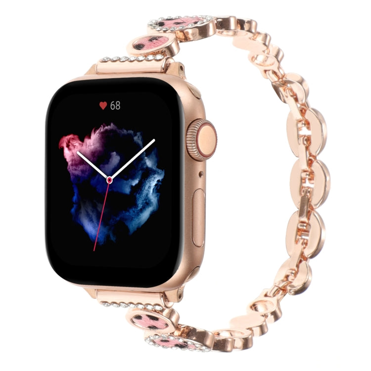 For Apple Watch SE 44mm Leopard Rhinestones Metal Chain Watch Band(Rose Gold) - Watch Bands by PMC TechLife | Online Shopping South Africa | PMC TechLife