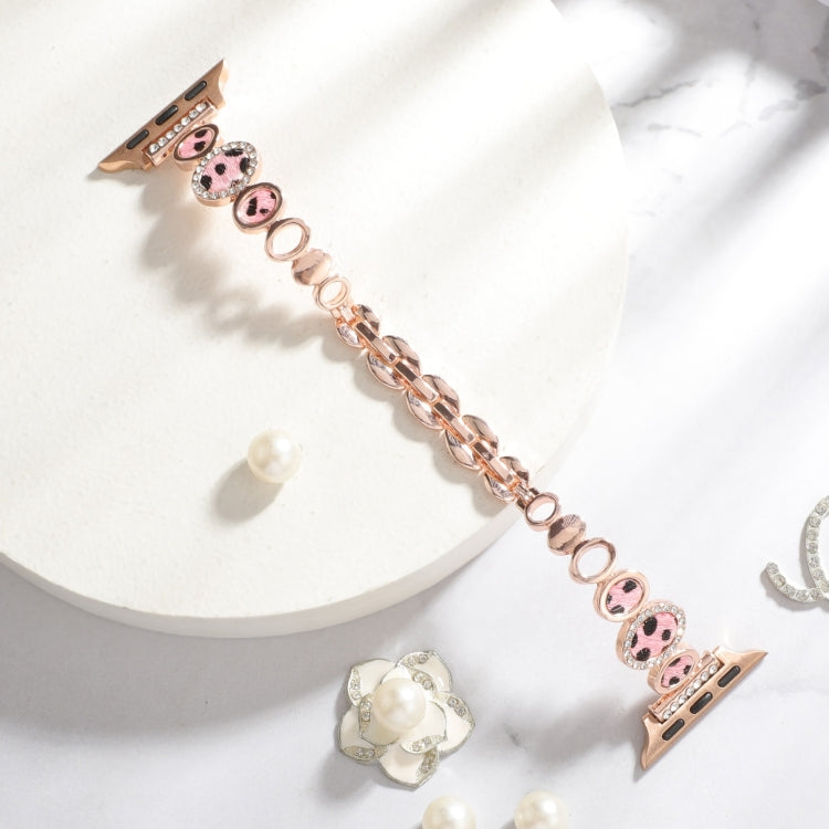 For Apple Watch SE 44mm Leopard Rhinestones Metal Chain Watch Band(Rose Gold) - Watch Bands by PMC TechLife | Online Shopping South Africa | PMC TechLife