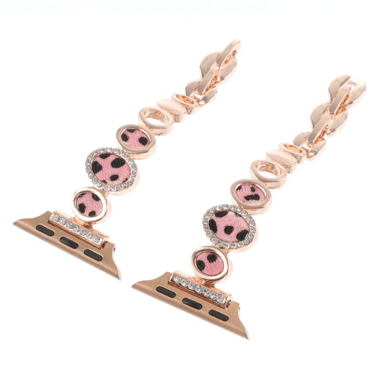 For Apple Watch 42mm Leopard Rhinestones Metal Chain Watch Band(Rose Gold) - Watch Bands by PMC TechLife | Online Shopping South Africa | PMC TechLife