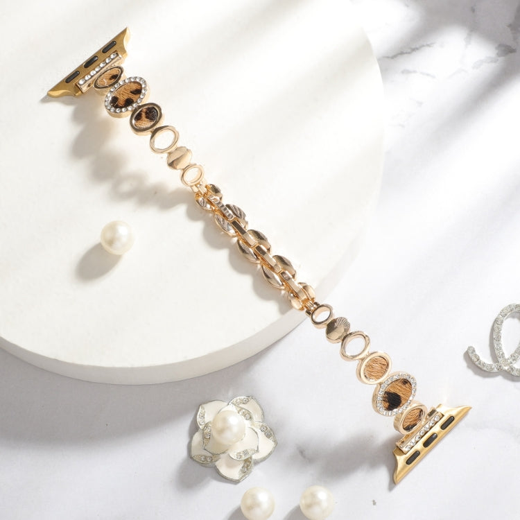 For Apple Watch 38mm Leopard Rhinestones Metal Chain Watch Band(Gold) - Watch Bands by PMC TechLife | Online Shopping South Africa | PMC TechLife