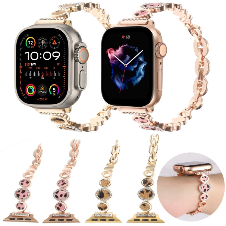 For Apple Watch 38mm Leopard Rhinestones Metal Chain Watch Band(Rose Gold) - Watch Bands by PMC TechLife | Online Shopping South Africa | PMC TechLife