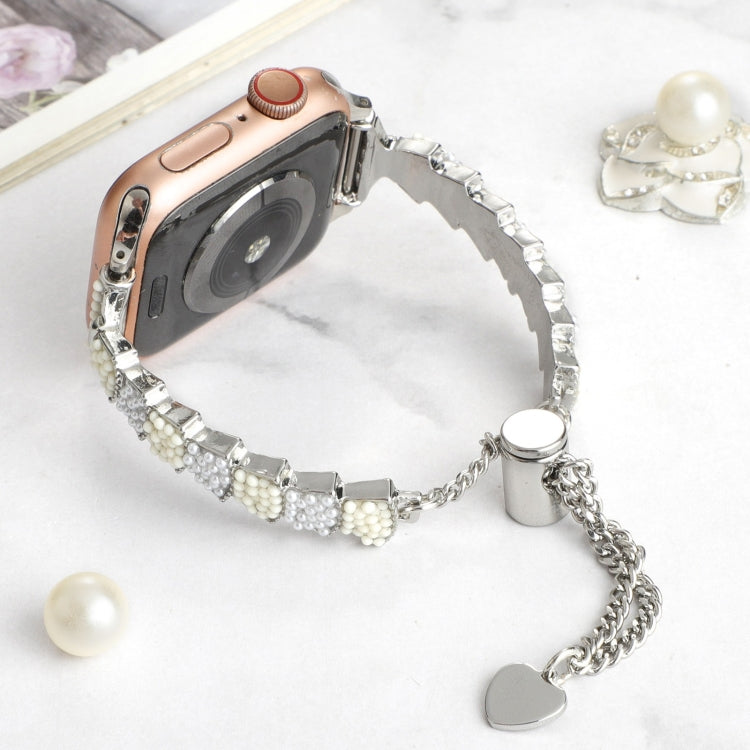 For Apple Watch SE 2023 44mm Shell Beads Chain Bracelet Metal Watch Band(Beige White Silver) - Watch Bands by PMC TechLife | Online Shopping South Africa | PMC TechLife