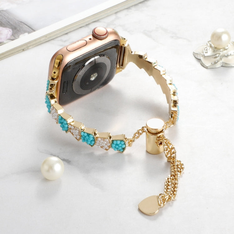 For Apple Watch Series 9 45mm Shell Beads Chain Bracelet Metal Watch Band(Blue White Gold) - Watch Bands by PMC TechLife | Online Shopping South Africa | PMC TechLife