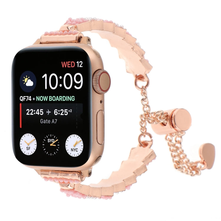 For Apple Watch Series 9 45mm Shell Beads Chain Bracelet Metal Watch Band(Pink White Rose Gold) - Watch Bands by PMC TechLife | Online Shopping South Africa | PMC TechLife