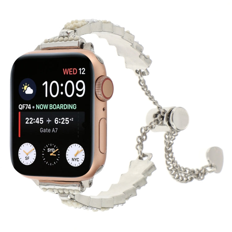For Apple Watch Series 9 45mm Shell Beads Chain Bracelet Metal Watch Band(Beige White Silver) - Watch Bands by PMC TechLife | Online Shopping South Africa | PMC TechLife