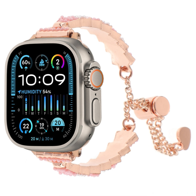 For Apple Watch Ultra 49mm Shell Beads Chain Bracelet Metal Watch Band(Pink White Rose Gold) - Watch Bands by PMC TechLife | Online Shopping South Africa | PMC TechLife