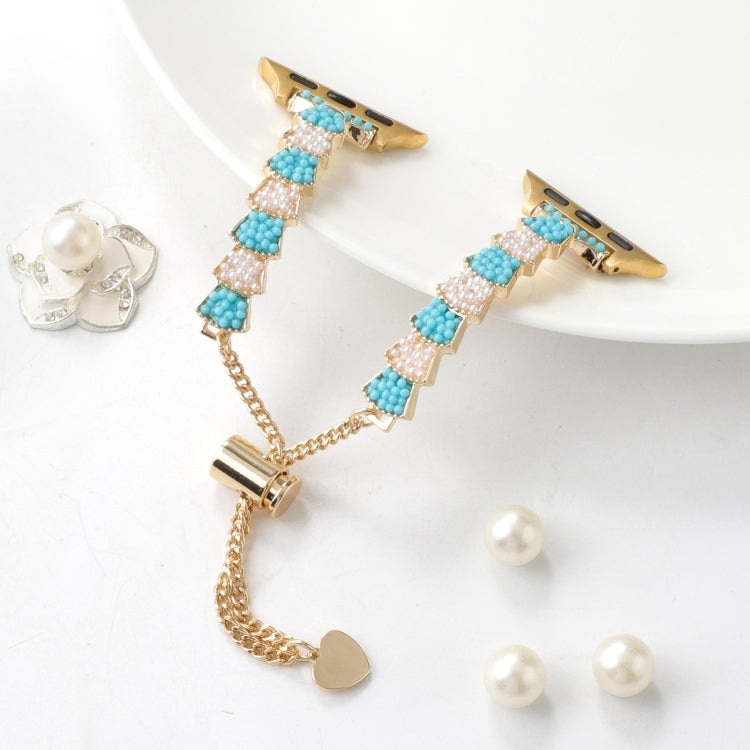 For Apple Watch Series 8 45mm Shell Beads Chain Bracelet Metal Watch Band(Blue White Gold) - free shipping - PMC TechLife - Order now!