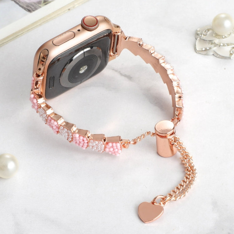 For Apple Watch Series 8 45mm Shell Beads Chain Bracelet Metal Watch Band(Pink White Rose Gold) - Watch Bands by PMC TechLife | Online Shopping South Africa | PMC TechLife