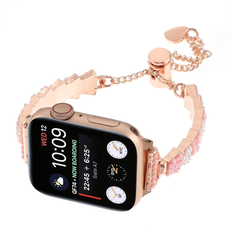 For Apple Watch Series 8 45mm Shell Beads Chain Bracelet Metal Watch Band(Pink White Rose Gold) - Watch Bands by PMC TechLife | Online Shopping South Africa | PMC TechLife