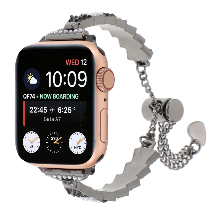 For Apple Watch SE 44mm Shell Beads Chain Bracelet Metal Watch Band(Black White) - Watch Bands by PMC TechLife | Online Shopping South Africa | PMC TechLife