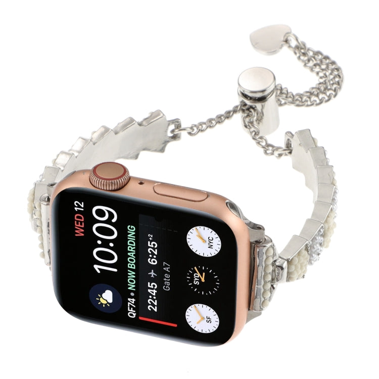 For Apple Watch Series 3 42mm Shell Beads Chain Bracelet Metal Watch Band(Beige White Silver) - Watch Bands by PMC TechLife | Online Shopping South Africa | PMC TechLife