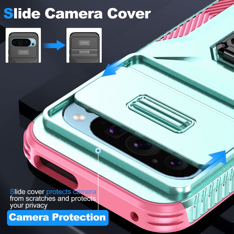 For Google Pixel 9 / Pixel 9 Pro Sliding Camshield Holder Phone Case(Grey Green + Pink) - Google Cases by PMC TechLife | Online Shopping South Africa | PMC TechLife | Buy Now Pay Later Mobicred