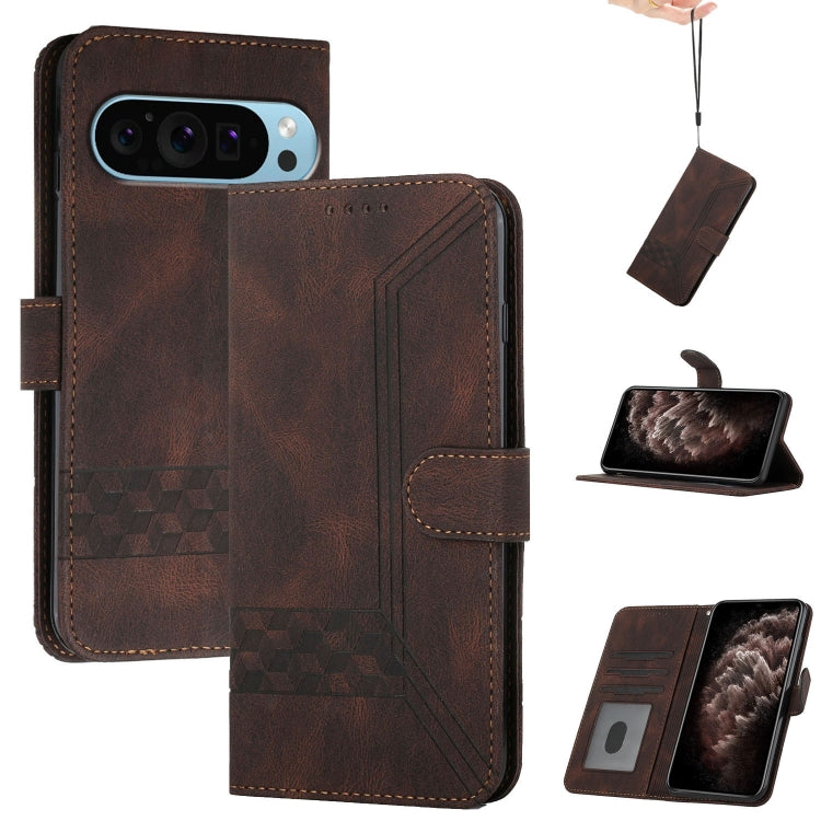 For Google Pixel 9 Cubic Skin Feel Flip Leather Phone Case(Brown) - Google Cases by PMC TechLife | Online Shopping South Africa | PMC TechLife | Buy Now Pay Later Mobicred