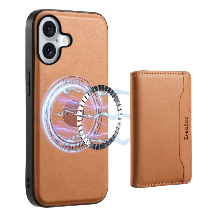 For iPhone 16 Denior Cowhide Texture Leather MagSafe Detachable Wallet Phone Case(Khaki) - iPhone 16 Cases by Denior | Online Shopping South Africa | PMC TechLife | Buy Now Pay Later Mobicred