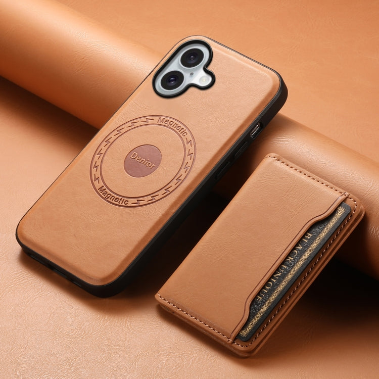 For iPhone 16 Denior Cowhide Texture Leather MagSafe Detachable Wallet Phone Case(Khaki) - iPhone 16 Cases by Denior | Online Shopping South Africa | PMC TechLife | Buy Now Pay Later Mobicred