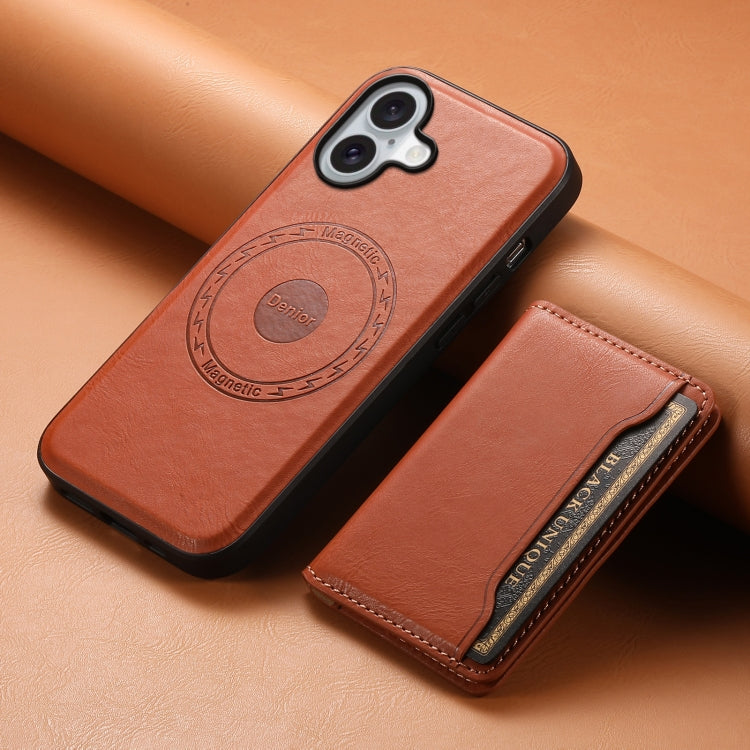 For iPhone 16 Plus Denior Cowhide Texture Leather MagSafe Detachable Wallet Phone Case(Brown) - iPhone 16 Plus Cases by Denior | Online Shopping South Africa | PMC TechLife | Buy Now Pay Later Mobicred