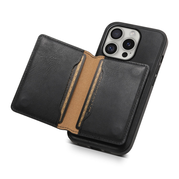 For iPhone 16 Pro Denior Cowhide Texture Leather MagSafe Detachable Wallet Phone Case(Black) - iPhone 16 Pro Cases by Denior | Online Shopping South Africa | PMC TechLife | Buy Now Pay Later Mobicred