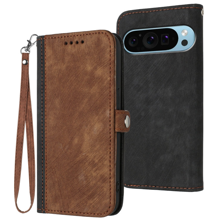 For Google Pixel 9 Pro Side Buckle Double Fold Hand Strap Leather Phone Case(Brown) - Google Cases by PMC TechLife | Online Shopping South Africa | PMC TechLife | Buy Now Pay Later Mobicred