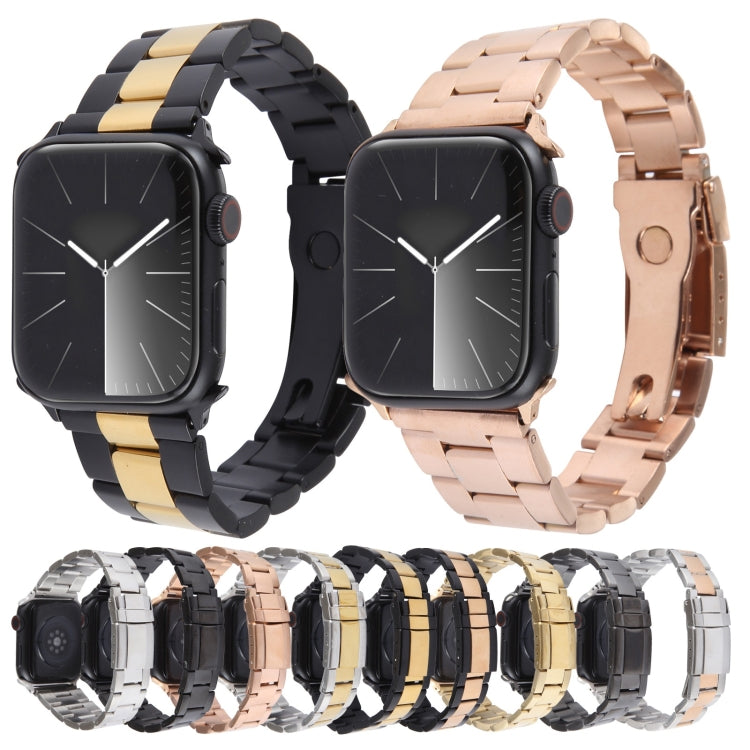 For Apple Watch 38mm Three-Bead Stainless Steel Watch Band(Black Rose Gold) - Watch Bands by PMC TechLife | Online Shopping South Africa | PMC TechLife