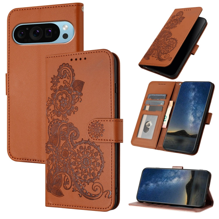 For Google Pixel 9 Datura Flower Embossed Flip Leather Phone Case(Brown) - Google Cases by PMC TechLife | Online Shopping South Africa | PMC TechLife | Buy Now Pay Later Mobicred