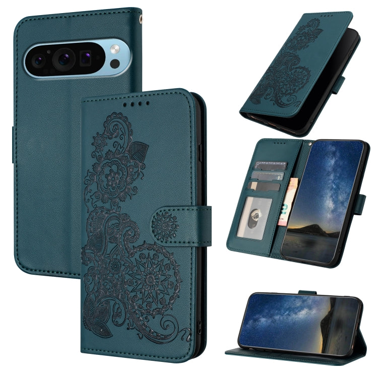 For Google Pixel 9 Datura Flower Embossed Flip Leather Phone Case(Dark Green) - Google Cases by PMC TechLife | Online Shopping South Africa | PMC TechLife | Buy Now Pay Later Mobicred