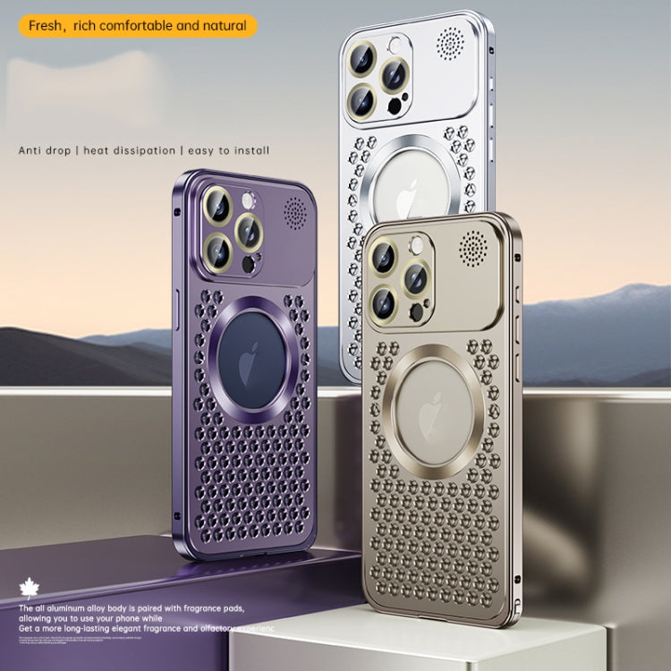 For iPhone 15 Pro Spring Buckle MagSafe Magnetic Metal Aromatherapy Phone Case(Purple) - iPhone 15 Pro Cases by PMC TechLife | Online Shopping South Africa | PMC TechLife