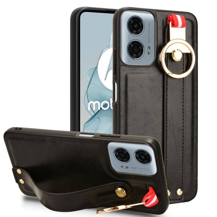 For Motorola Moto G 5G 2024 Wristband Leather Back Phone Case(Black) - Motorola Cases by PMC Jewellery | Online Shopping South Africa | PMC Jewellery | Buy Now Pay Later Mobicred