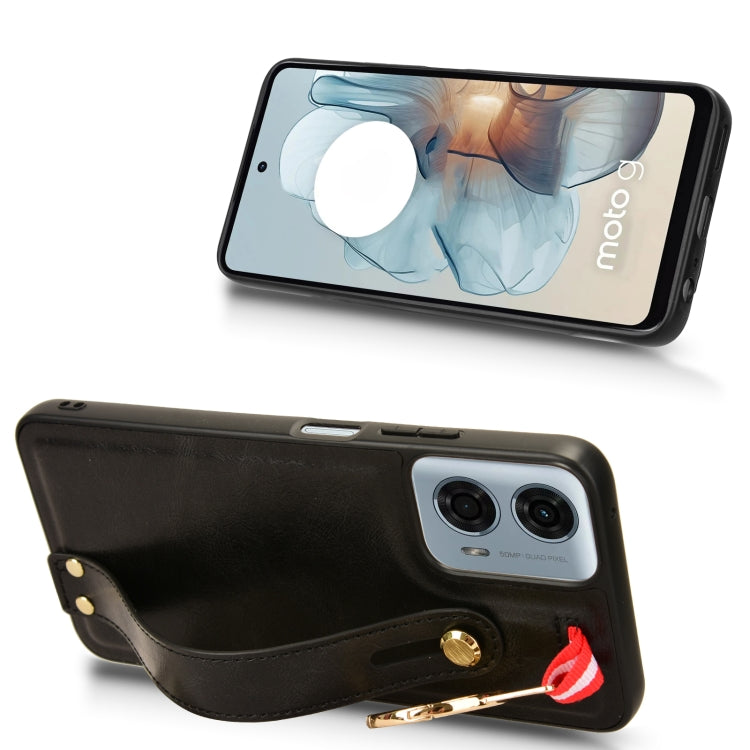 For Motorola Moto G Play 5G 2024 Wristband Leather Back Phone Case(Black) - Motorola Cases by PMC Jewellery | Online Shopping South Africa | PMC Jewellery | Buy Now Pay Later Mobicred