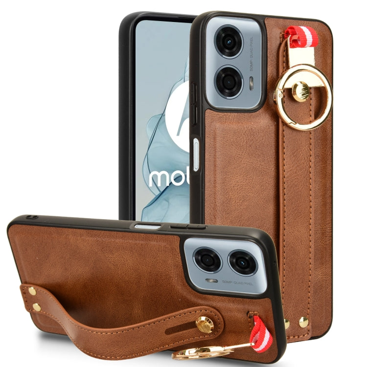 For Motorola Moto G Play 5G 2024 Wristband Leather Back Phone Case(Brown) - Motorola Cases by PMC Jewellery | Online Shopping South Africa | PMC Jewellery | Buy Now Pay Later Mobicred
