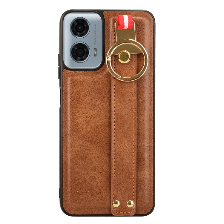 For Motorola Moto G Play 5G 2024 Wristband Leather Back Phone Case(Brown) - Motorola Cases by PMC Jewellery | Online Shopping South Africa | PMC Jewellery | Buy Now Pay Later Mobicred