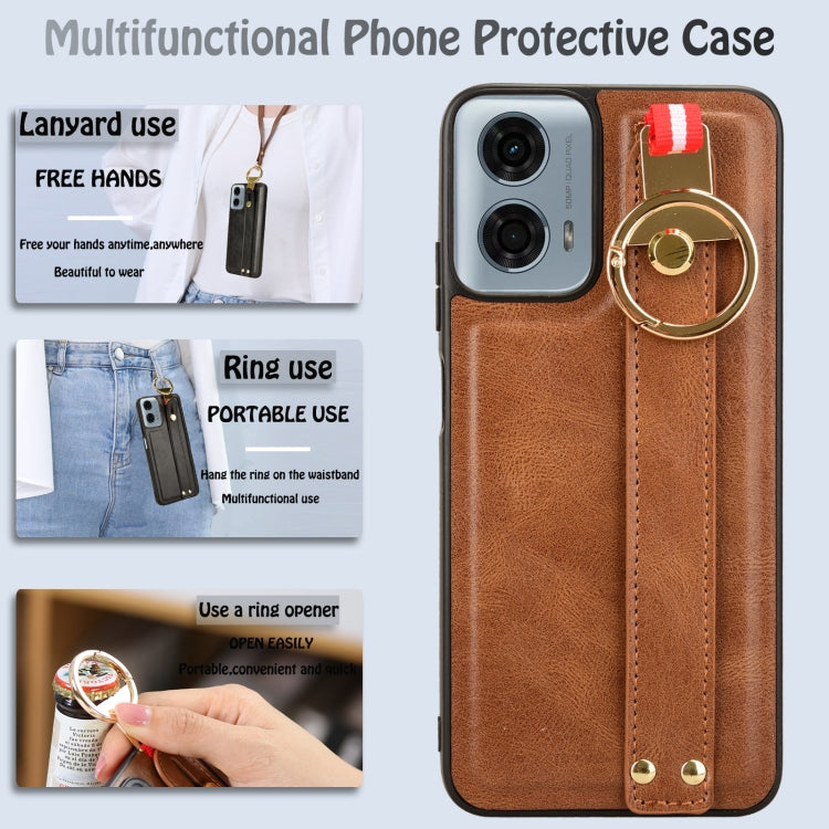For Motorola Moto G Play 5G 2024 Wristband Leather Back Phone Case(Brown) - Motorola Cases by PMC Jewellery | Online Shopping South Africa | PMC Jewellery | Buy Now Pay Later Mobicred